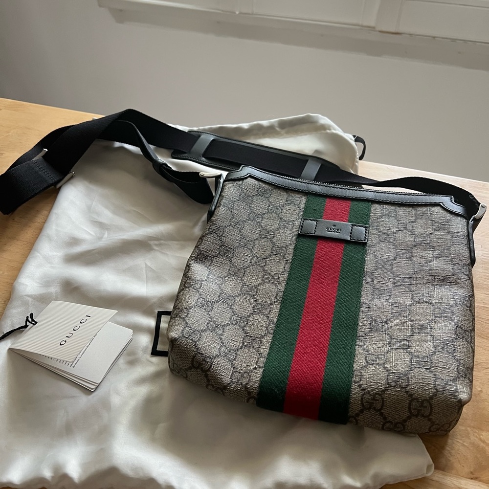 GG Supreme Monogram Web Messenger Bag Black gently worn
